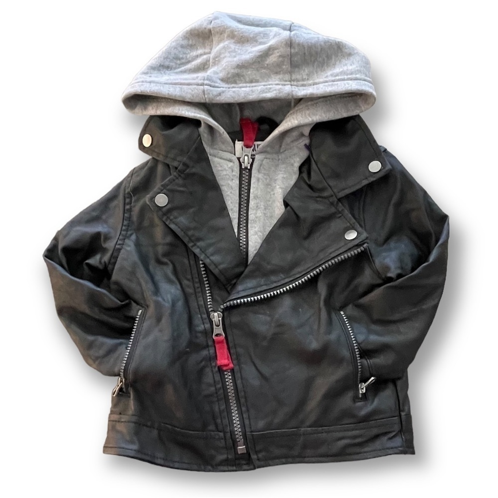 Oshkosh Faux Leather Motorcycle Jacket Gray Hoodie Lining Size 18M